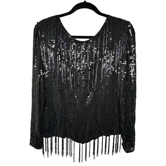 Vintage Swee Lo Black Sequins Beaded Fringe 100% Silk Blouse Women's Medium - Picture 1 of 8